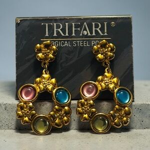 Trifari Gold-Tone Floral Drop Earrings with Pink, Blue & Green Cabochons